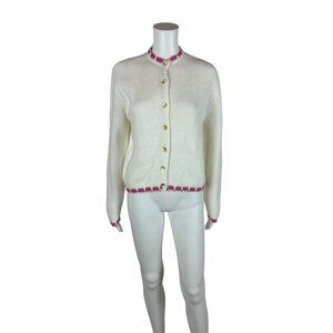 Vintage 60s White Cardigan Women's Extra Large Orlon Acrylic Pink Scalloped Edge